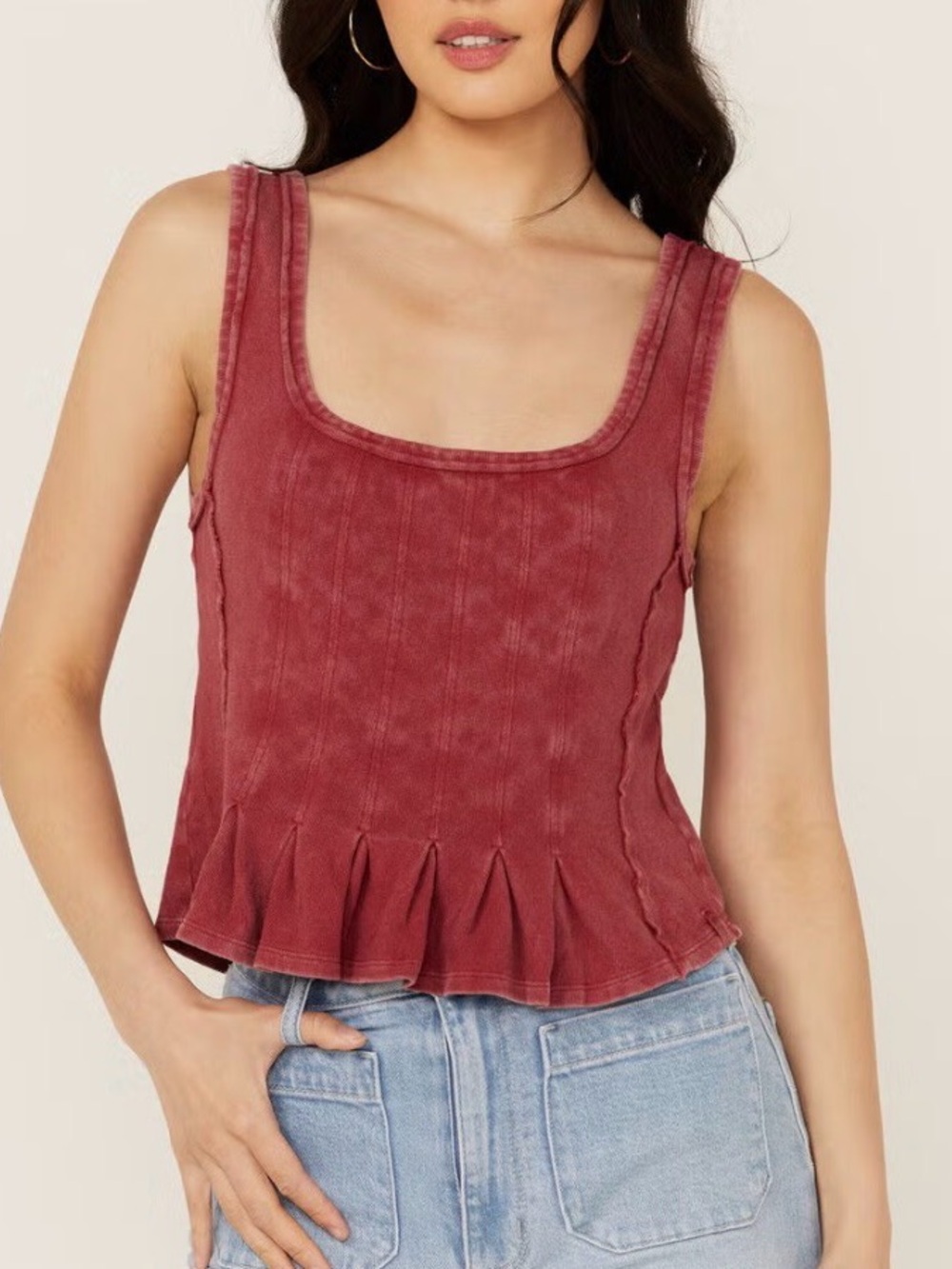 Free People Women's Roller Tank Washed Red Scoop Neck Peplum Tank Top Small